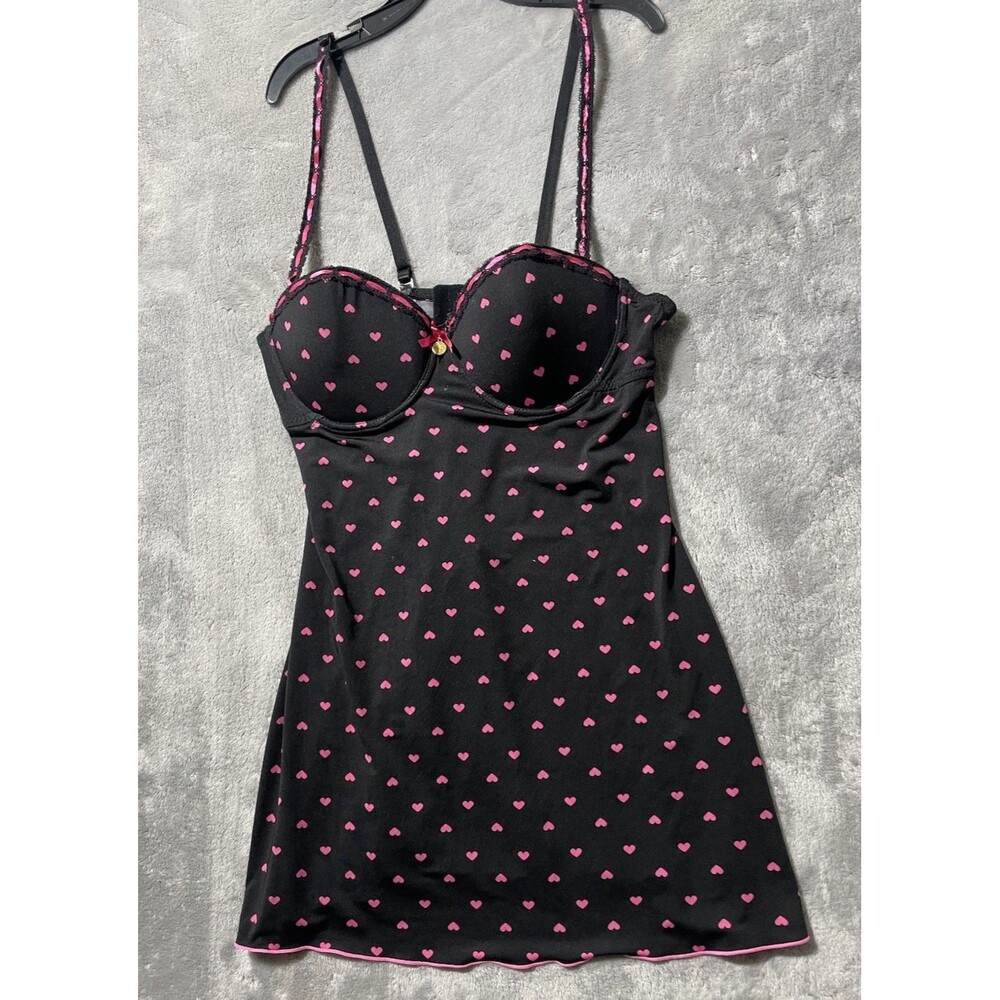 Y2K Jessica Simpson Black With Pink Hearts Lace Babydoll Lingerie Dress Size M